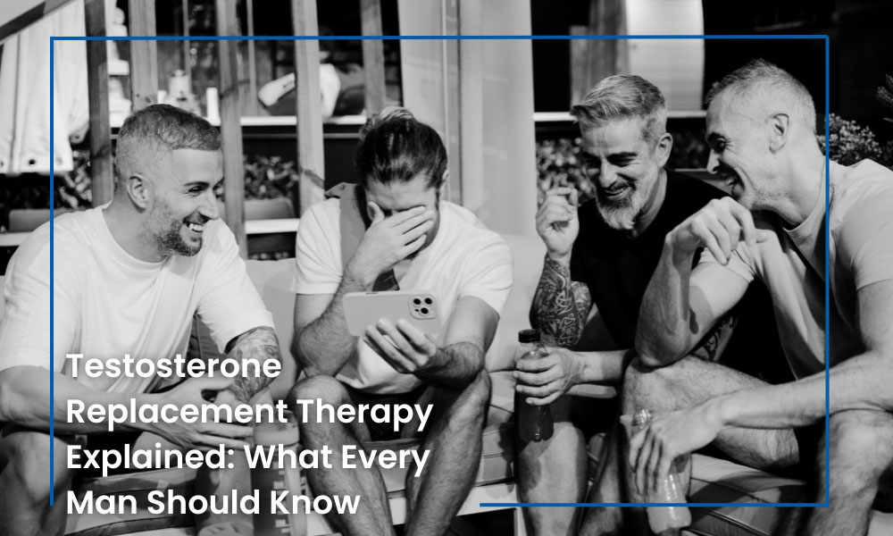 Group of men seated together discussing testosterone replacement therapy Group of men seated together discussing testosterone replacement therapy
